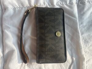 Michael Kors Signature Monogram Brown Leather Wristlet Wallet